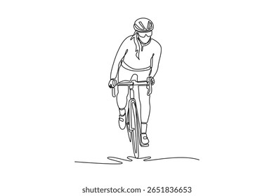 Continuous one line drawing front view female athlete in cycling jersey and helmet riding road bike. Sportswoman training hard for race competition. Single line draw design vector graphic illustration