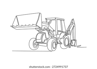 Durchgehende einzeilige Zeichnung Vorderansicht von Baggerlader, große Ladeeimer und Fahrerhaus in einem sauberen für industrielle und landwirtschaftliche Themen. Vektorgrafik mit einfarbiger Zeichnung