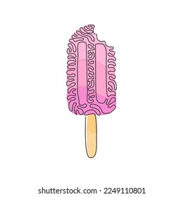 Continuous one line drawing frozen popsicle have been bitten. Tasty ice cream on stick for dessert. Delicious cold summer snack. Swirl curl style. Single line draw design vector graphic illustration