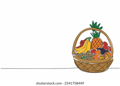 Uma linha contínua desenhando cesta de frutas contendo laranjas, uvas, maçãs, abacaxi e bananas. Parcelas cheias de vitamina C. Dia Nacional da Vitamina C. Ilustração de vetor de design de desenho de linha única