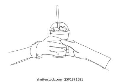Continuous one line drawing of fruit smoothie vendor handing a glass of smoothie to the customer, street food concept, single line art