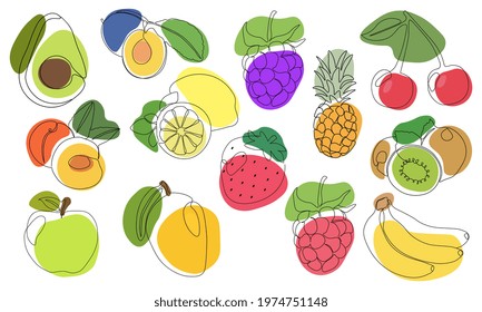 Continuous one line drawing fruits. Vector illustration. Black line art on white background with colorful spots. Set with cartoon fruits isolated on white background.  Vegan concept 