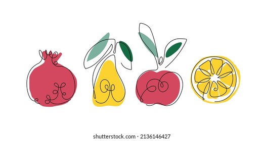 Frutos continuos de dibujo de una línea en puntos de color brillante. Concepto de logotipo del mercado agrícola. La mano dibujó frutos en una línea. Esbozo minimalista de línea negra con colores. Ilustración vectorial de moda.