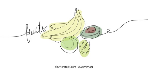 Dibujo continuo de una línea de frutos con texto sobre fondo blanco. Comida Vegan saludable. Arte minimalista moderno con formas verdes y amarillas con banana, lima y aguacate. Arte de línea de frutas