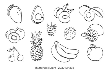 Continuous one line drawing fruits. Vector illustration. Black line art on white background. Set with cartoon fruits isolated on white background. Vegan concept 