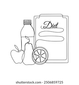 Dibujo continuo de una línea de frutas, botella de agua y menú de dieta. Concepto de arte lineal de alimentación y dieta saludables. Ilustración vectorial en aislado