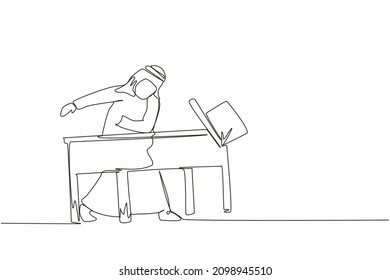 Continuous one line drawing frustrated and furious Arabian businessman is angry and throwing laptop. Bad workplace emotions. Man manager stress at work. Single line design vector graphic illustration