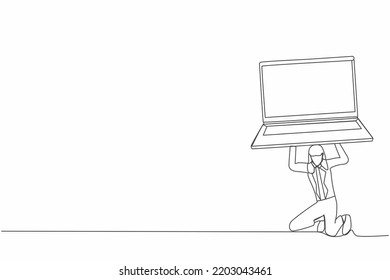 Continuous one line drawing frustrated businesswoman carrying heavy laptop computer on her back. Fatigue and tired employee. Boring worker, burnout at work. Single line draw design vector illustration
