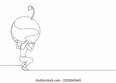 Continuous one line drawing frustrated businesswoman carrying bomb on her back. Stressed office employee due to debt explosion. Financial crisis problem. Single line design vector graphic illustration