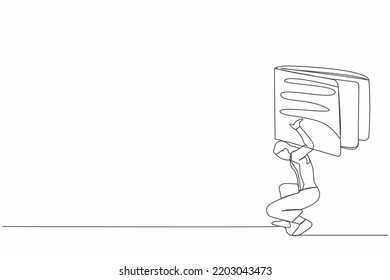 Continuous one line drawing of frustrated businesswoman carrying heavy wallet on her back. Tired hard working office employee. Financial economic crisis. Single line design vector graphic illustration