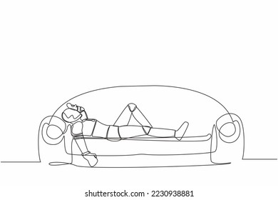 Continuous one line drawing of frustrated robot holding his head lying on sofa. Stressed and anxiety on failure. Humanoid robot cybernetic organism. Single line draw graphic design vector illustration