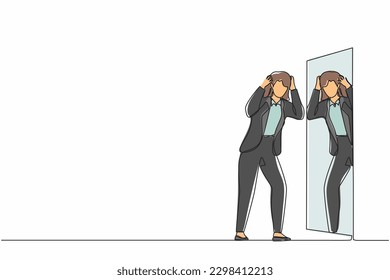 Continuous one line drawing frustrated businesswoman see herself failure in mirror. Mental health problems. Anxiety and lack of self confidence. Single line draw design vector graphic illustration