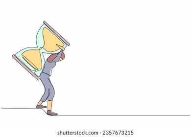 Continuous one line drawing frustrated businesswoman carrying hourglass on her back. Office worker with deadline problem. Schedule of business task. Single line draw design vector graphic illustration