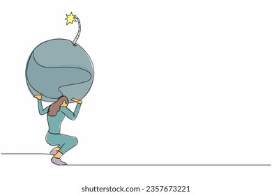 Una línea continua dibujando a una empresaria frustrada que lleva una bomba en la espalda. Empleado de oficina estresado debido a la explosión de la deuda. Problema de crisis financiera. Ilustración gráfica vectorial de diseño de línea única