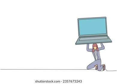 Continuous one line drawing frustrated businesswoman carrying heavy laptop computer on her back. Fatigue and tired employee. Boring worker, burnout at work. Single line draw design vector illustration