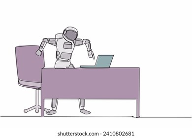 Continuous one line drawing of frustrated astronaut standing and shouting on laptop screen at working desk. Trouble in spaceship industry. Cosmonaut outer space. Single line design vector illustration