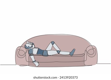 Continuous one line drawing of frustrated robot holding his head lying on sofa. Stressed and anxiety on failure. Humanoid robot cybernetic organism. Single line draw graphic design vector illustration