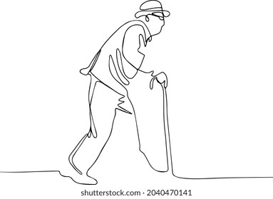 Continuous one line drawing full length profile senior man walking and cane Minimal outline concept  Vector illustration