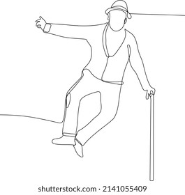 Continuous one line drawing of full length portrait of a senior man with a knee pain walking with a cane. Minimal outline concept. Vector illustration