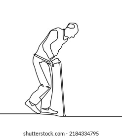 Continuous one line drawing full length profile senior man walking and cane Minimal outline concept  Vector illustration  continuous single unmarked one line old retired hand