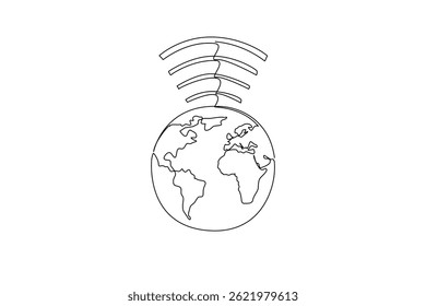 Continuous one line drawing full globe with wifi waves on top. Significant development of technology. World Telecommunication and Information Society Day. Single line draw design vector illustration