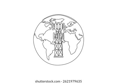 Continuous one line drawing full globe with a transmitter tower in the middle. Communication tower. World Telecommunication and Information Society Day. Single line draw design vector illustration
