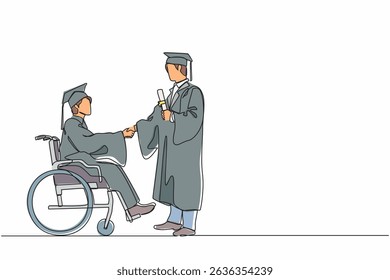 Continuous one line drawing full length of male graduate student in wheelchair shaking hand with male graduate student standing and holding diploma. Single line draw design vector graphic illustration