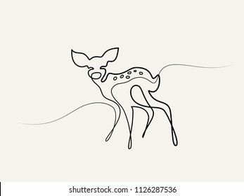 Continuous one line drawing. Funny Roe Deer Fawn cub baby. Vector illustration. Concept for logo, card, banner, poster flyer