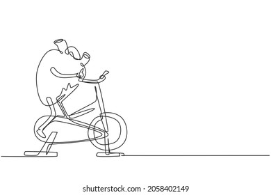 Continuous one line drawing funny heart organ exercising on stationary bike. Heart organ workout, sport, fitness, cardio cyclist, stamina character concept. Single line draw design vector illustration