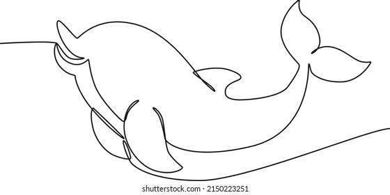 Continuous one line drawing funny dolphin on white. international ocean day. Single line draw design vector graphic illustration.