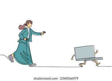 Continuous one line drawing furious businesswoman chasing laptop computer. Stress, angry, burnout, headache, depression. Business metaphor concept. Single line draw design vector graphic illustration