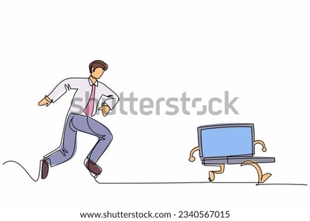 Continuous one line drawing furious businessman chasing laptop computer. Concept of stress, angry, burnout, headache, depression. Business metaphor. Single line draw design vector graphic illustration