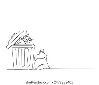 Continuous one line drawing of garbage container and plastic trash bag. trash can and plastic trash sack in single outline vector illustration. Editable stroke.