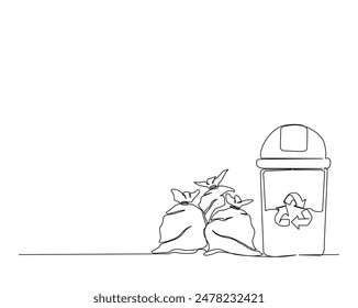 Continuous one line drawing of garbage container and plastic trash bag. trash can and plastic trash sack in single outline vector illustration. Editable stroke.