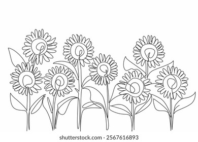 Continuous one line drawing garden contains many sunflowers. The view is pleasing to eye. Refreshing mind. International Sunflower Guerilla Gardening Day. Single line draw design vector illustration