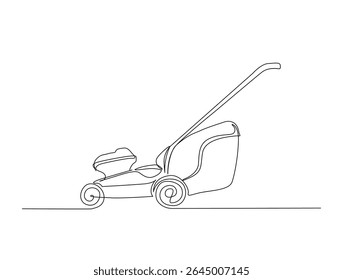 Desenho contínuo de uma linha de cortador de grama jardim. Cortador de grama corte grama corte ilustração contorno. Vetor editável.

