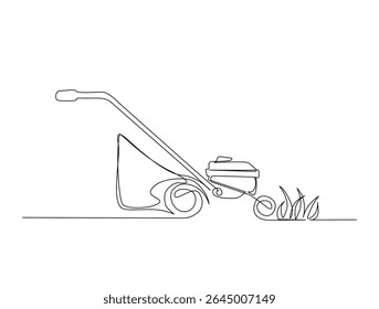 Desenho contínuo de uma linha de cortador de grama jardim. Cortador de grama corte grama corte ilustração contorno. Vetor editável.

