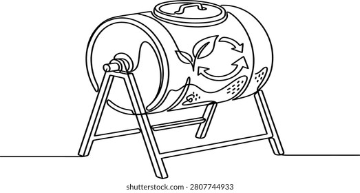 Continuous one line drawing of a garden compost tumbler bin with a recycle leaf symbol. Minimalist organic waste recycling, sustainable agriculture, and eco-friendly gardening concept.