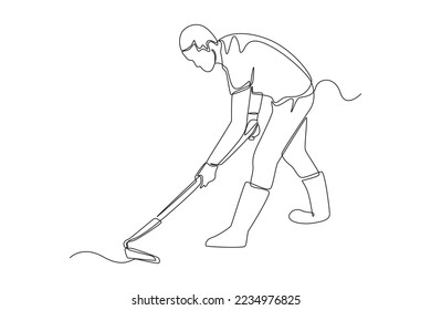 Continuous one line drawing gardener working soil with hoe in garden. Farmer digging with hand tool. Agriculture concept. Single line draw design vector graphic illustration.