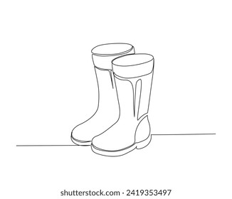 Dibujo continuo de una línea de botas de goma de Gardener. La goma arranca una ilustración de vector de contorno único. Trazo editable.