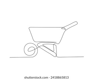 Continuous one line drawing of gardening wheelbarrow. Wheelbarrow line art vector illustration. Editable stroke.