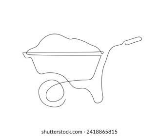 Continuous one line drawing of gardening wheelbarrow. Wheelbarrow line art vector illustration. Editable stroke.