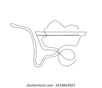 Kontinuierliche Zeichnung einer Linie von Gartenbürsten. Wheelbarrow line Art Vektorgrafik. Bearbeitbarer Strich.