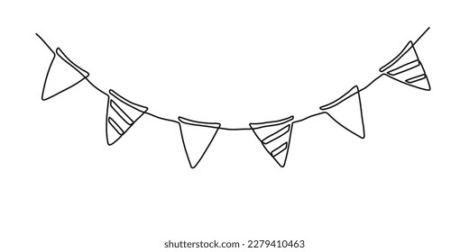 Continuous one line drawing garland. Hand drawn buntings isolated on white background. Holiday decoration for celebration birthday, carnival, party and festival in linear style. Vector illustration