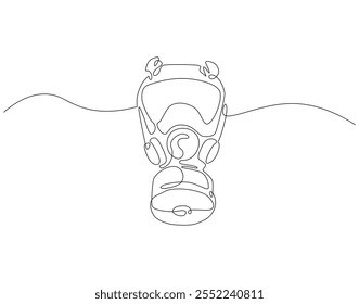 Dibujo continuo de una línea de máscara de gas. Ilustración de dibujo de una línea de máscara del ejército. Concepto de equipo de soldado de una sola línea. Esquema editable