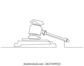 Continuous one line drawing of a judge’s gavel on a block, minimalist legal and justice concept. Polycon art style, isolated on white background, Vector illustration, Editable stroke