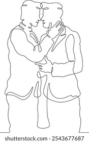 Continuous one line drawing gay couple in love. Homosexuals hugging. Lovers.One continuous line isolated minimal vertical illustration.Not AI.