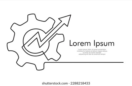 Continuous One line drawing of gear with arrow up inside. Simple lineart style trend modern development logotype art design isolated on white. 