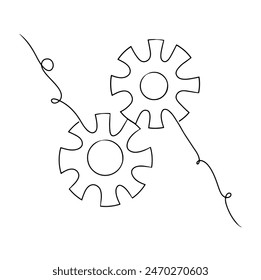 Continuous one line drawing of gear wheel. Doodle vector illustration