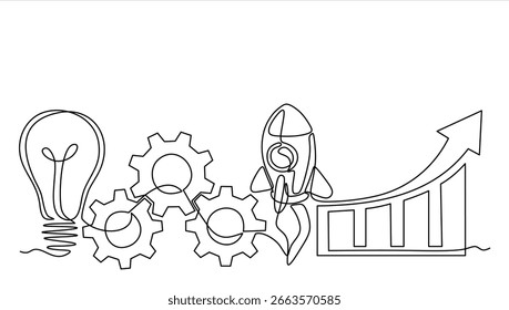Continuous one line drawing of gears, lights idea and rocket launch, ship. Continuous line drawing. Startup business. Vector illustration. Hand drawn one line vector. Editable stroke